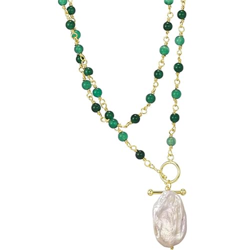 Vintage Baroque Pearl 14K Gold Plated Green Agate Bead Choker Necklace for Women OT Buckle Necklace Baroque Pearl Bridemaid Jewelry Gift for Her