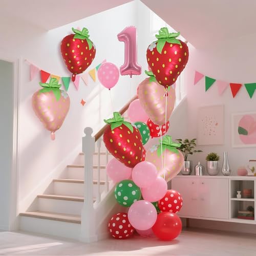 Image of Lovely Matt Hot Red Sweet Strawberry Balloons, Picnic Theme Cartoon Fruit Berry Foil Mylar Balloon For Baby Shower Wedding Valentine's Day Gender Reveal Birthday Party Decoration Supplies
