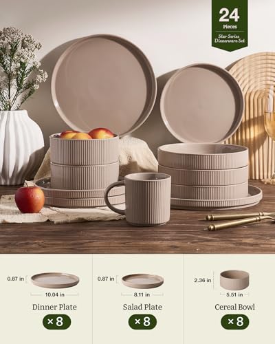 Image of Famiware Stoneware Dinnerware Set for 8, Rimmed Plates, Bowls, Brown Dishes