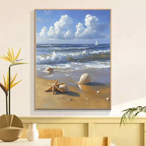 ペイントバイナンバー キット 大人用 シェル 風景、DIY 番号絵画 しわ防止キャンバス、初心者ペイントキット 成人儿童数字?画、アクリルペイント ペイントブラシ、 数字油絵 手工 クラフトアート フレームなし ?意?? ホームデコレーションギフ 50x7