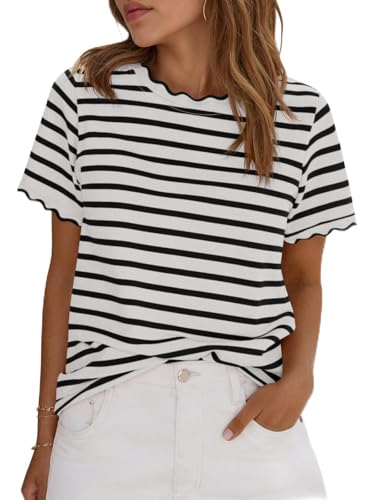Tankaneo Womens Short Sleeve Striped Tshirts Summer Color Block Scalloped Tops Trendy Casual Basic Tee Shirts Black