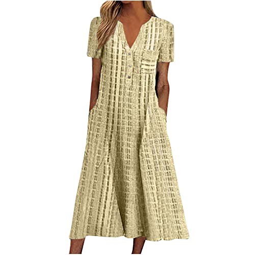 FUPODD Kleid Damen Sommer Mit Ärmel Knöpfe Kariert Sommerkleid Einfarbig Lochstickerei Kleider Muster Luftiges Schick Dünnes Schönes Baumwolle...