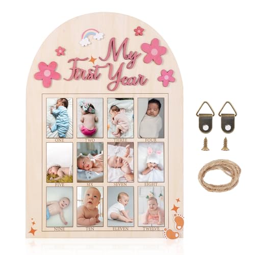 NQEUEPN My First Year Picture Frame, 3D Daisy Flower Baby's First Year Photo Display Wood Board 12 Month Baby Picture Frame Monthly Photo Banner for Newborn Baby Nursery Decor