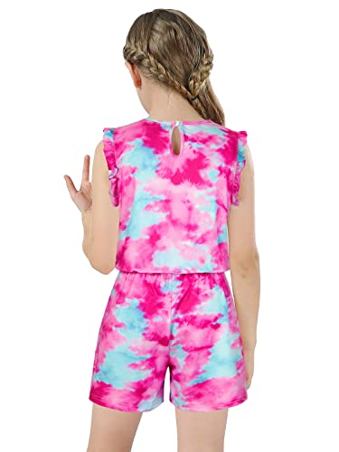 Girls Tie Dye Rompers Size 8 9 Ruffle Sleeve Jumpsuits Shorts Round Neck Elastic Waist One Piece Summer Outfits With Pockets #TOP3