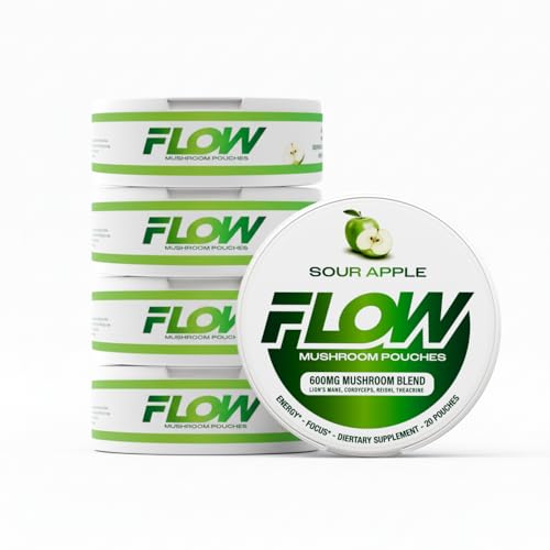 Flow Pouches Mushroom Nootropic Pouches - 600mg Organic Mushroom Energy Ultra Pouches with Lion's Mane, Reishi, Cordyceps for Focus & Clean Energy - Zero Caffeine or Sugar (5 Can Pack, Sour Apple)