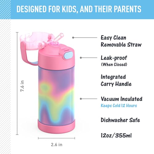 Image of THERMOS FUNTAINER Water Bottle with Straw - 12 Ounce - Kids Stainless Steel Vacuum Insulated Water Bottle with Lid, Rainbow Cloud