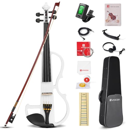 Vangoa 4/4 Violín Electrico Silencioso Tamaño Completo Electric Violin Set para Principiantes, Adultos, Estudiantes con Kits, Blanco