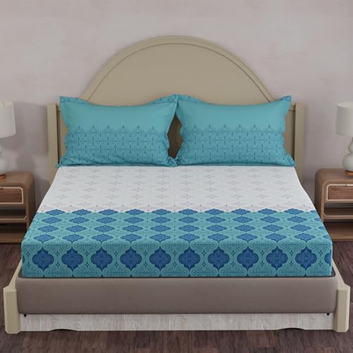 Image of Layers 100% Cotton King Size Bedsheet Set | Blue & White Ethnic Print | 120 TC Forever Collection | Soft & Breathable | Washable Bedsheet with 2 Pillow Covers | All Season