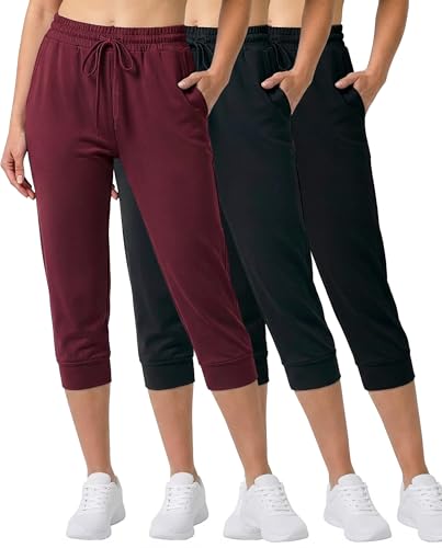 Real Essentials 3-Pack: Women's Ultra Soft Lounge Capri Joggers Sweatpants Athletic Yoga with Pockets(Available in Plus Size)