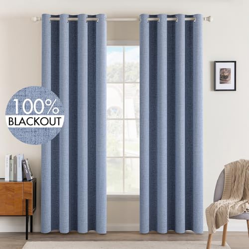 MIULEE Linen Texture Curtains for Bedroom Solid 100% Blackout Thermal Insulated Stone Blue Curtains...
