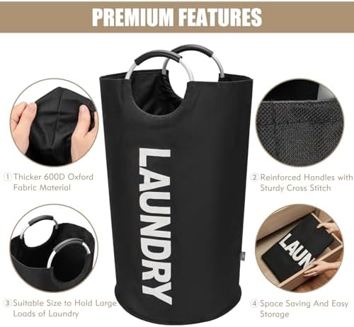 DOKEHOM 90L Large Laundry Basket Bag, Collapsible Tall Hamper, Black - 5
