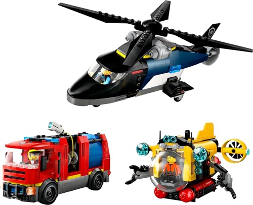 LEGO City 3in1 Elicottero, Autopompa e Sottomarino - Giocattolo Combinabile con Veicoli da Costruire e 3 Minifigure, Giochi Modulari per Bambini e Bambine da 7 Anni, Idee Regalo di Compleanno - 60462 - Immagine 1