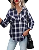 Kariertes Hemd Damen Bluse 100% Baumwolle Langer Ärmel Oberteil Karohemd Shirt mit Knopleiste für Alltag und Oktoberfest (L, Dunkelblau)