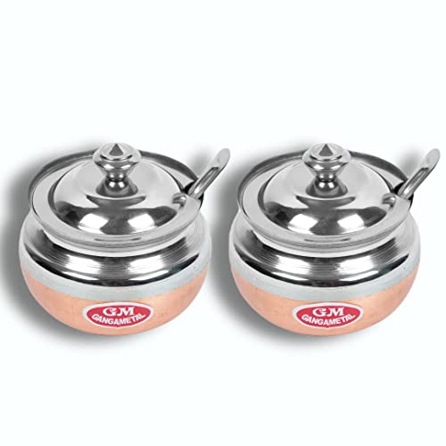 Image of Ghee Container With Spoon Oil Dispenser | Ghee Pot Steel, Ghie Dispenser | Salt Container With Spoon | Steel Oil Pot 300ml Silver Pack of 2 (Pack Of 2, Coper Base)