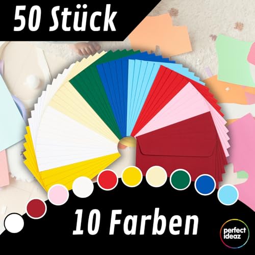 perfect ideaz 50 Briefumschläge DIN-C6 ohne Fenster, für DIN A6 aus Recycling-Papier, 10 Farben, Made in Germany, Blauer Engel zertifiziert