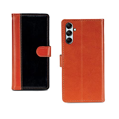 Image of Pinaaki Enterprises Samsung Galaxy M14 5G Flip Case | Premium Leather Finish Flip Cover | with Card Pockets | Wallet Stand |Complete Protection Flip Cover for Samsung Galaxy M14 5G - Camel and Black