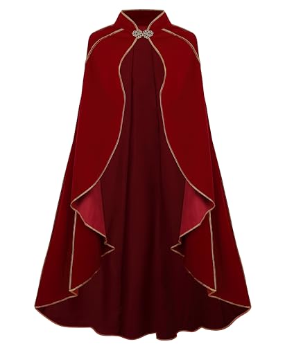 DELIVESS Womens Medieval Renaissance Velvet Cape Stand Collar Gold Trim Cloak for Adults Halloween Cosplay LARP Party Festival Costume(43.31 Red)