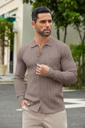 Coofandy Men'S Vintage Button Down Shirt Long Sleeve Knit Polo Textured Shirt Lightweight Cardigan Sweater Khaki thumb #1