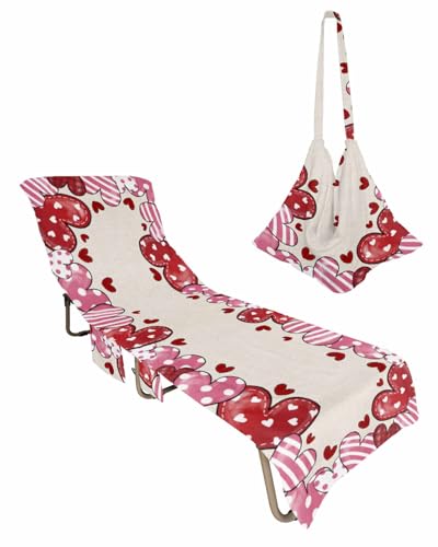 Watercolor Love Beach Chair Towel Covers for Chaise Lounge with Side Pocket, Soft Plush Pool Towels Cover for Patio Sunbathing Outdoor 29''x85'' Valentine's Day Stripes Dots Heart