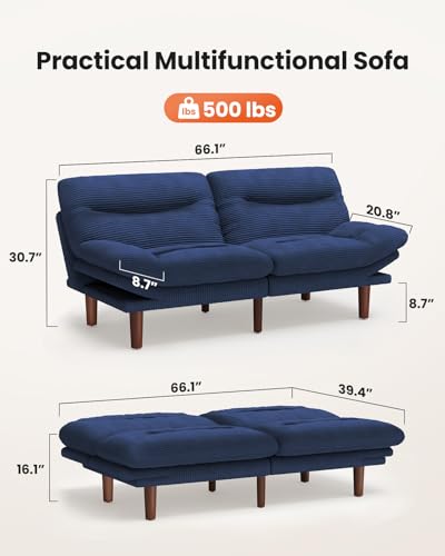 Image of Amada 66 inch Convertible Futon Sofa Bed, Corduroy Folding Futon Set with Adjustable Backrest &Armrests, Recliner Lounge for Living Room, Apartment or Office, Solid Wood Frame, Loveseat Sofa - Blue