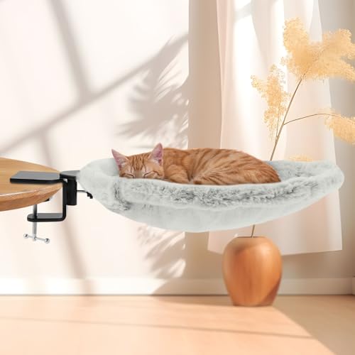 Plüsch Katzenhängematte, Starke Bequem Katzenschreibtischbett bis 20kg, Katzen Hängematte mit Stabiler Stahlhalterung, Platzsparend, Hängebett für Bürotische Schreibtisch und Computertische(grau)