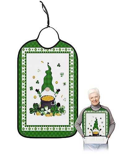 St. Patrick's Day Gnomes Adult Bibs for Eating, Waterproof Bibs with Food Catcher & Adjustable Snap Closure, Green Checkered Lucky Clover Washable Clothing Protectors Adult Bibs for Elderly Women/Men