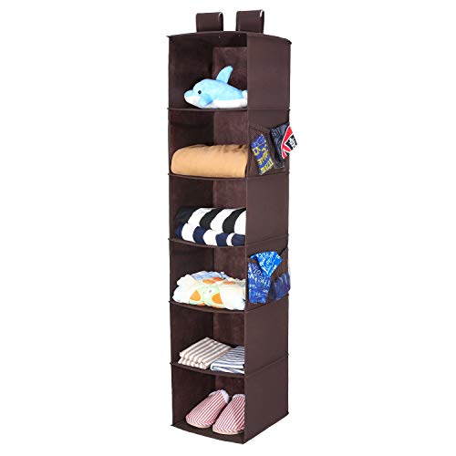 Magicfly Hanging Closet Organizer with Side Pockets, 6-Shelf Hanging Clothes Storage Box Collapsible Hanging Shelves Clothes Storage Accessories, Easy Mount,Brown