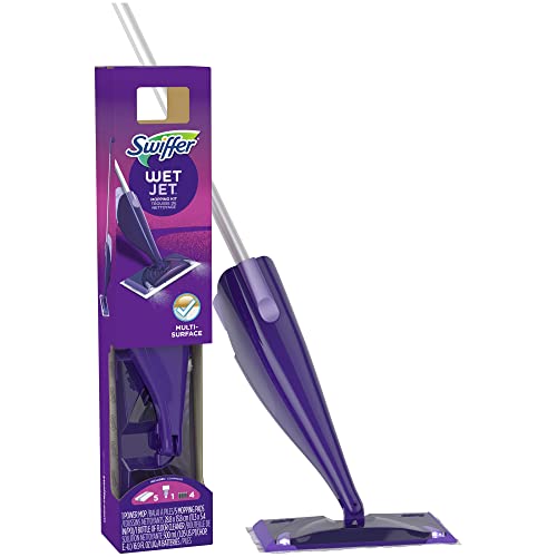 Swiffer Wet Jet Mop, Floor Cleaner for Mopping Wood, Laminate, Tile in Home, Bathroom, Kitchen, All Purpose Multi-Surface Cleaning Set includes 1 Spray Mop, 5 Pads Refill, 1 Fresh Scent Solution