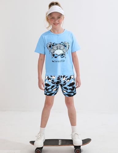 Image of mksodopy Girls Summer Clothse Graphic Print Front and Back High and Low Irregular T-shirt Cycling Shorts Set