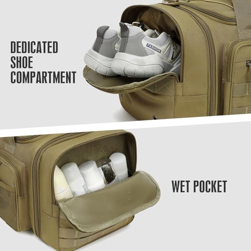 3 in 1 Tactical Gym Bag Backpack for Men 40-45L Expandable Travel Duffle Bag for Women Military Sport Duffel Bags Weekend Overnight with Shoe Compartment & Wet Pocket for Fitness, Brown - Image 5