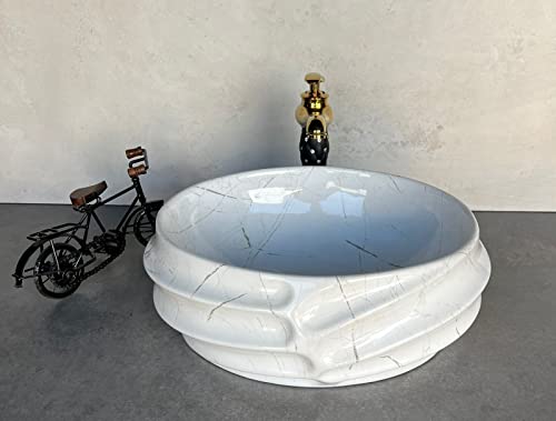 Image of Designer Glossy Finish Ceramic Art Table Top Wash Basin For Bathroom | Collapsible Countertop Washbasin (Black White Glossy Art, 16 x 13 x 6 Inch)