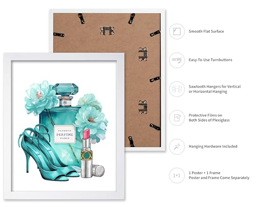 Image of Poster Master Turquoise Blue Designer Print - Fashion Poster - Shoes, Lipstick & Perfume Art - Chic Gift for Women & Fashionista - Glam Decor for Bedroom or Girl's Room - 11x14 White Framed