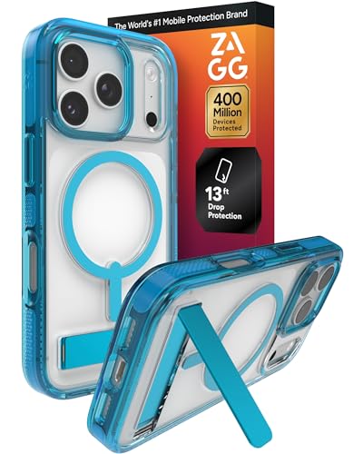 Image of ZAGG Santa Cruz Snap Case with Kickstand for iPhone 17 Pro - Tranquil Blue, Drop Protection (13ft /4m), MagSafe Charging Compatible, ClearGuard Anti-Yellowing Technology, Scratch Resistant Phone Case