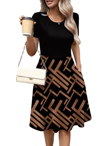 Women's Elegant 50s Vintage Summer Casual Dresses Knee Length Office Work Party A-Line Dress with Pockets 262, Black Khaki, Large