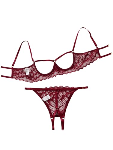 Image of Lilosy Sexy Underwire Floral Lace Sheer Lingerie Set for Women See Through Bra and Panty 2 Piece