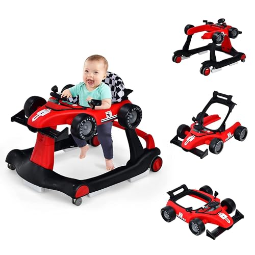 COSTWAY Girello per Bambini 4 in 1, Girello Pieghevole con Altezza e Velocità Regolabili, Carillon con Luci, Volante, Primi Passi per Bambini 6-18 Mesi, Portata 15 kg (Rosso)