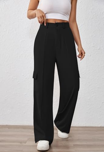Pink Queen Women High Waisted Wide Leg Cargo Pants Button Down Loose Casual Trendy Work Trousers with 4 Pockets3