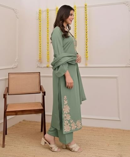 Image of ANNI Designer Pure Cotton Embroidered Kurta Set for Women | Rust Orange Kurta with Pants & Dupatta | Floral Neck & Hem Embroidery | Cotton Kurta Set for Women | 10 Colour Options Available