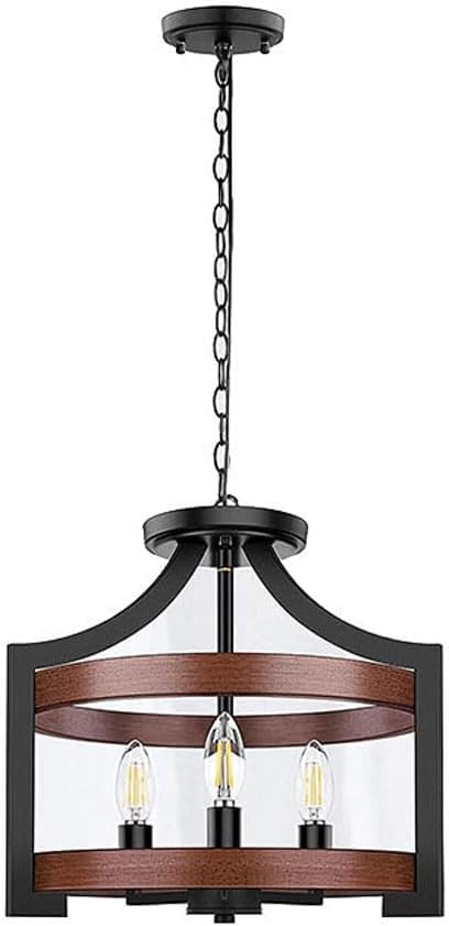 Suspension 4 lumières fini séquoia et noir au design rétro raffiné pour salon et bureau