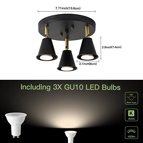Yilynn Industrial Flush Mount Ceiling Light, 3-Light Led Ceiling Spot Track Lighting,Indoor Adjustable Kitchen Ceiling Light For Living Room, Dining Room,Bedroom,Hallway，Black,Gu10 Bulbs Included #TOP4