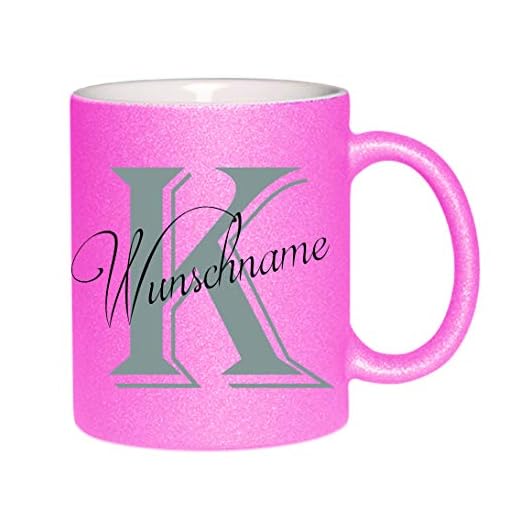 Glitterkopp (rosa) " K – önskat namn med bokstäver K – namn" – kaffekopp, tryckt kopp med talesätt eller bilder, kontorskopp,
