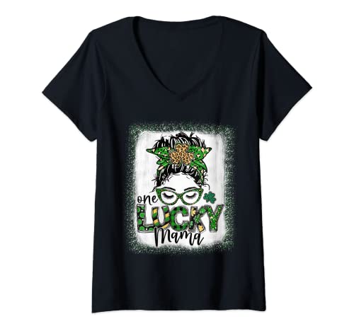 Mujer Moño desordenado Leopardo Día de San Patricio Uno Lucky Mama Blanqueado Camiseta Cuello V