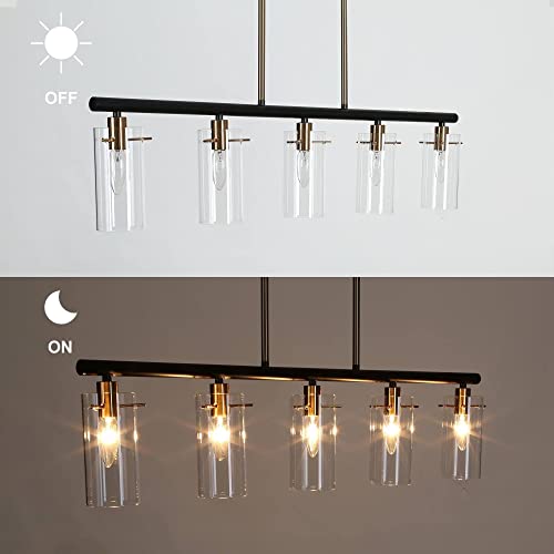 Zevni 5-Light Kitchen Island Lighting, Black Gold Linear Pendant Lighting, Modern Chandelier For Dining Room With Cylinder Clear Glass Shades, 36" L #TOP7