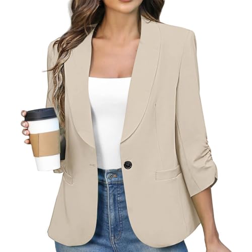 Blazers for Women Business Casual 3/4 Ruched Sleeve Slim Fit Suit Jackets Padded Shoulder Office Work Outerwear2
