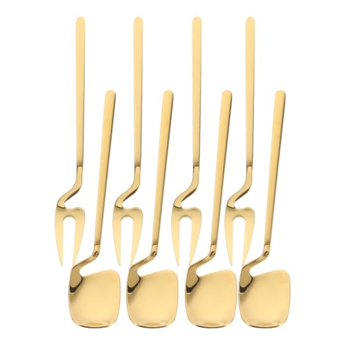 HEMOTON 1 Set Stainless Steel Modern Thicken 5.6-Inch Golden Mini Fruit Appetizer Forks and Dessert Spoons Set (4 Forks + 4 Spoons)
