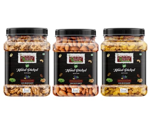 Image of English Nuts Dry Fruits Combo Pack Of Almonds Walnuts Raisins 600g| Badam Akhrot Kishmish | Almonds, Walnuts, Raisins (3 x 200 g)