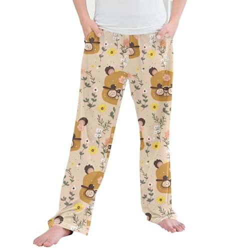 Cute Bear Flower Long Pajama Pants Elastic Waist PJ Bottoms with Pockets S A112180