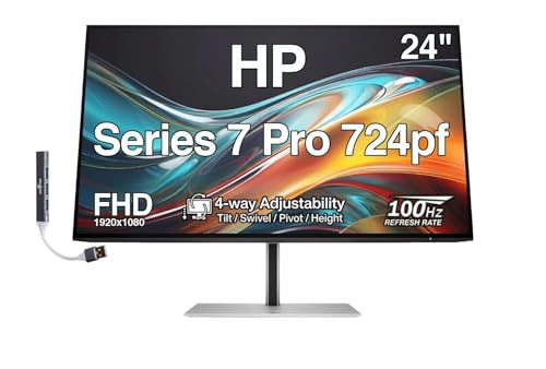 Image of HP Series 7 Pro 724pf 24 inch FHD IPS Monitor, 4-Way Adjustable, VESA | Anti-Glare, Flicker Free, 100mm VESA, DisplayPort, HDMI, 2 Pack w /Dockztorm USB Port Expander