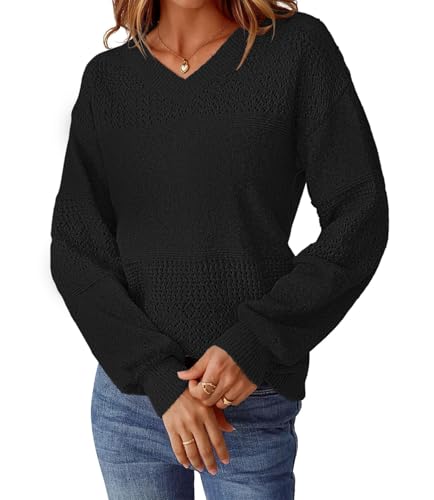 NORACORA Women's V Neck Fall Sweaters Crochet Soft Lightweight Ribbed Knit Loose Pullover Sweater Long Sleeve Tops 2025 Trendy Outfits Black — view 3