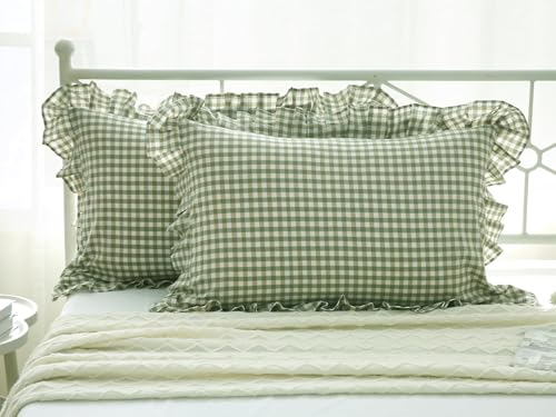 2 Pack Sage Green White Plaid Ruffles Pillow Shams Checkered Pillowcases Gingham King Size Pillow Cases Washed Cotton Farmhouse Cottage Pillow Covers for Bed/Sofa(20X36inches,Sage Green/White Plaid)